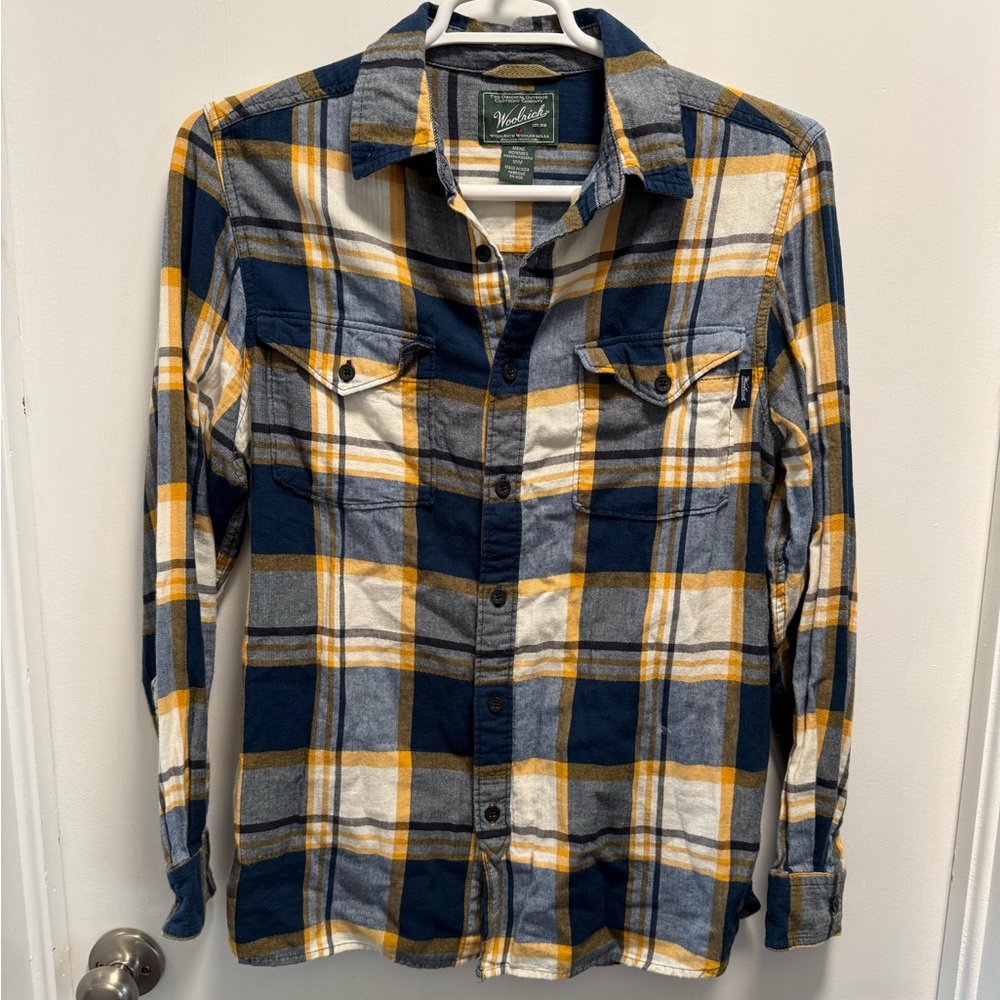 Like New Woolrich Woolen Mills Men’s Yellow/ Blue Plaid Button Down LS Size M